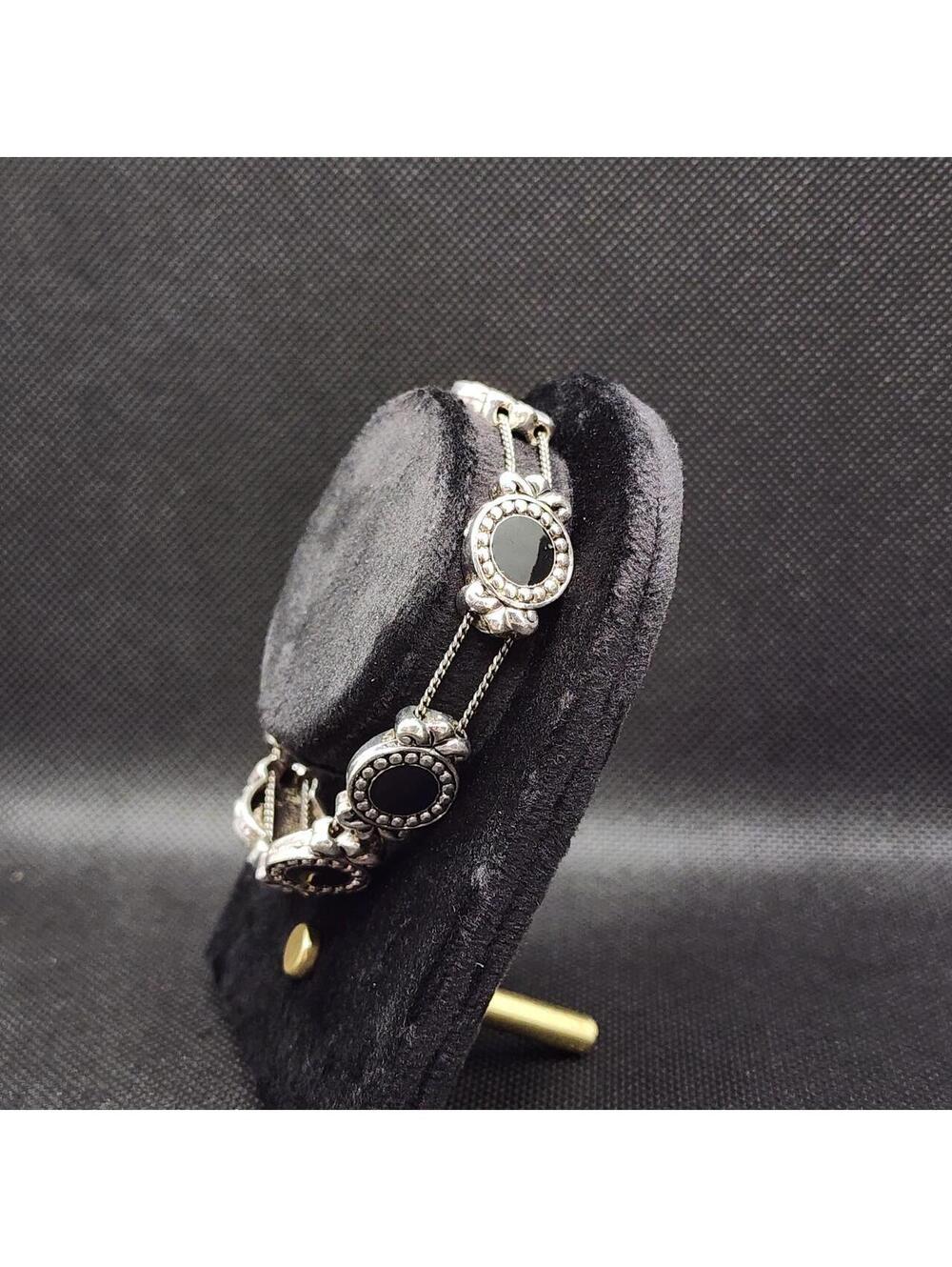Vintage sillver tone and black enamel locking tennis-clasp bracelet